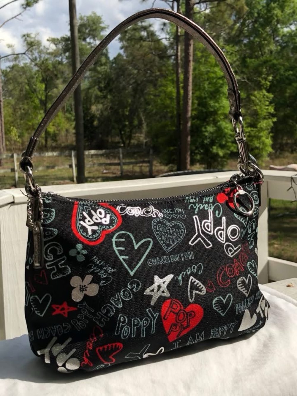 New!Coach Poppy Black Graffiti Print Zip-Front Small Bag - Picture 4 of 6